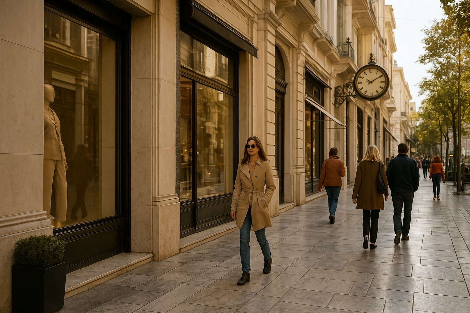 La rue Voukourestiou à Kolonaki avec des vitrines de luxe, des trottoirs impeccables et un trafic piétonnier élégant dans la lumière de fin d'après-midi à Athènes