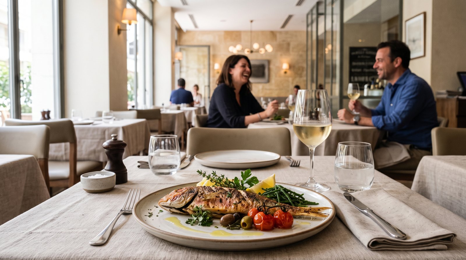 une assiette de fruits de mer de saison chez Iodio à Kolonaki, poisson finement dressé avec une présentation moderne et un décor de salle à manger sobre et élégant