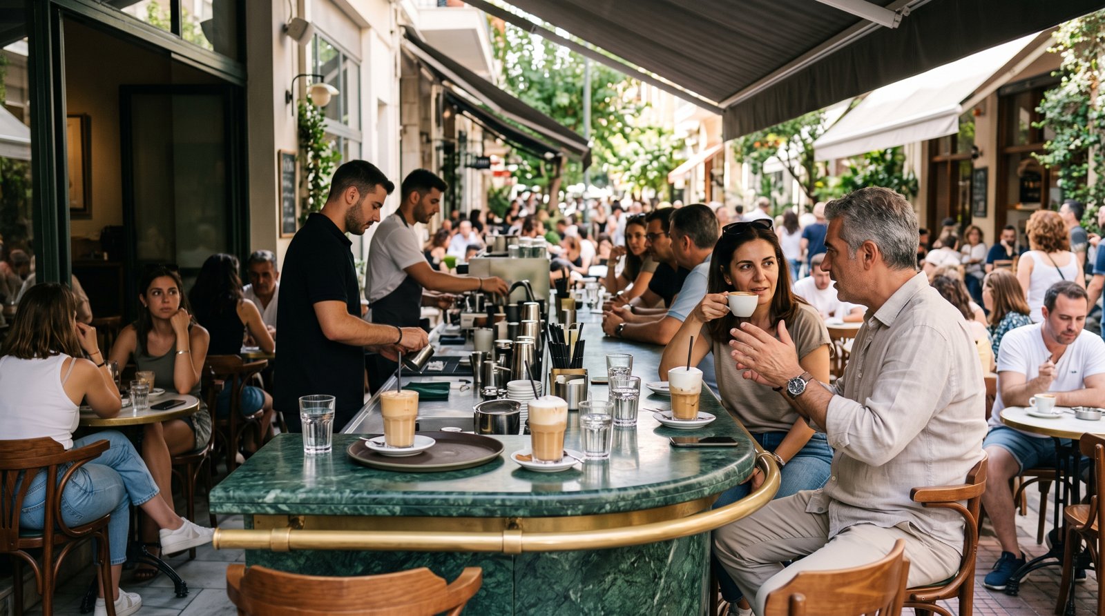 Da Capo sur Tsakalof à Kolonaki, comptoir de café en marbre vert, tasses de freddo cappuccino et terrasse animée de habitués observant les passants