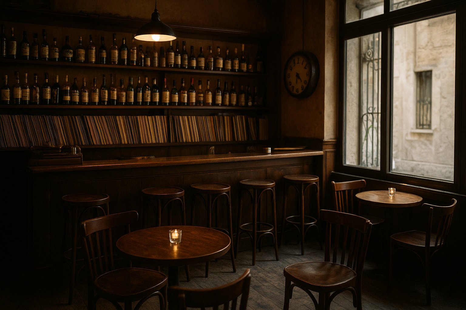 l'intérieur tamisé de Jazz n Jazz sur Deinokratous, vinyles, bouteilles de whisky et tables intimes dans une atmosphère de bar à cocktails vintage