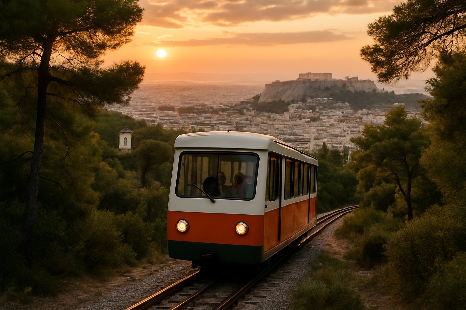 le funiculaire du mont Lycabette montant à travers la colline couverte de pins au coucher du soleil, Athènes en contrebas avec l'Acropole visible au loin