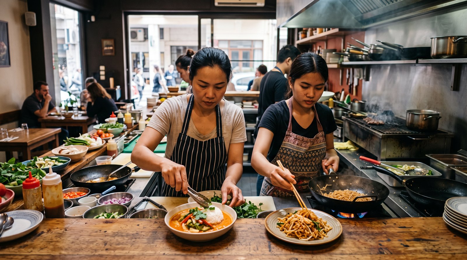 a colourful open-kitchen scene at Tuk Tuk on Veikou 40, with Thai curries and noodles being plated
