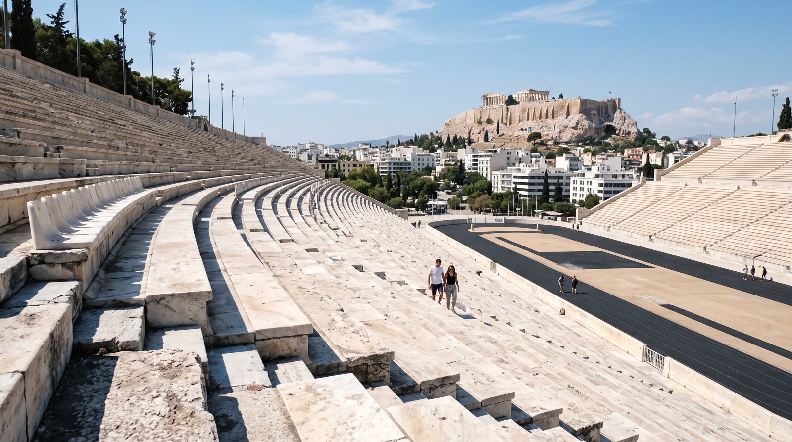 the top marble tier inside the Panathenaic Stadium, with the Acropolis framed in the distance and empty white seats curving around the track