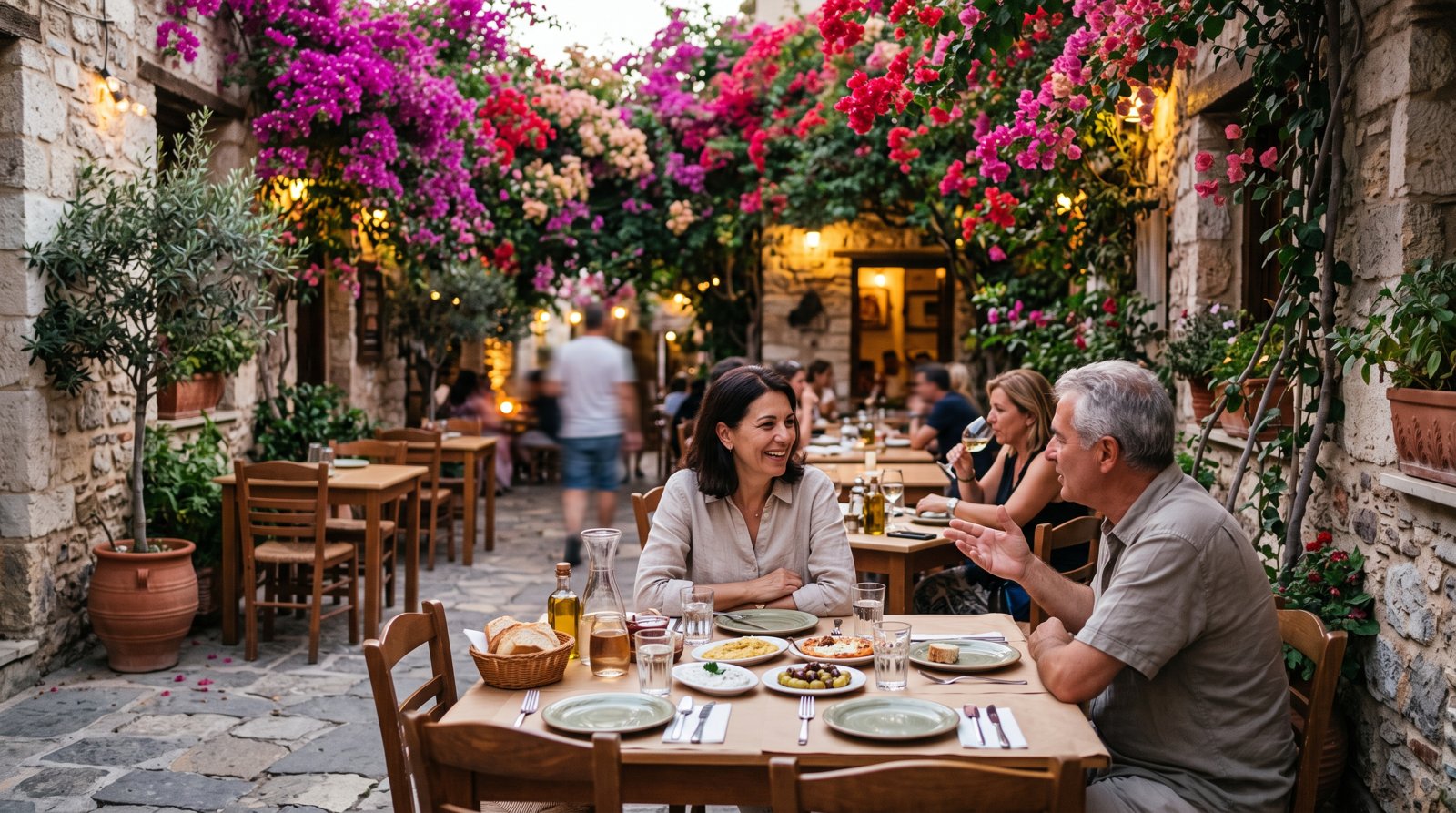a bougainvillea-filled courtyard at Vyrinis in Mets, with simple taverna tables set for a mezze dinner in soft evening light