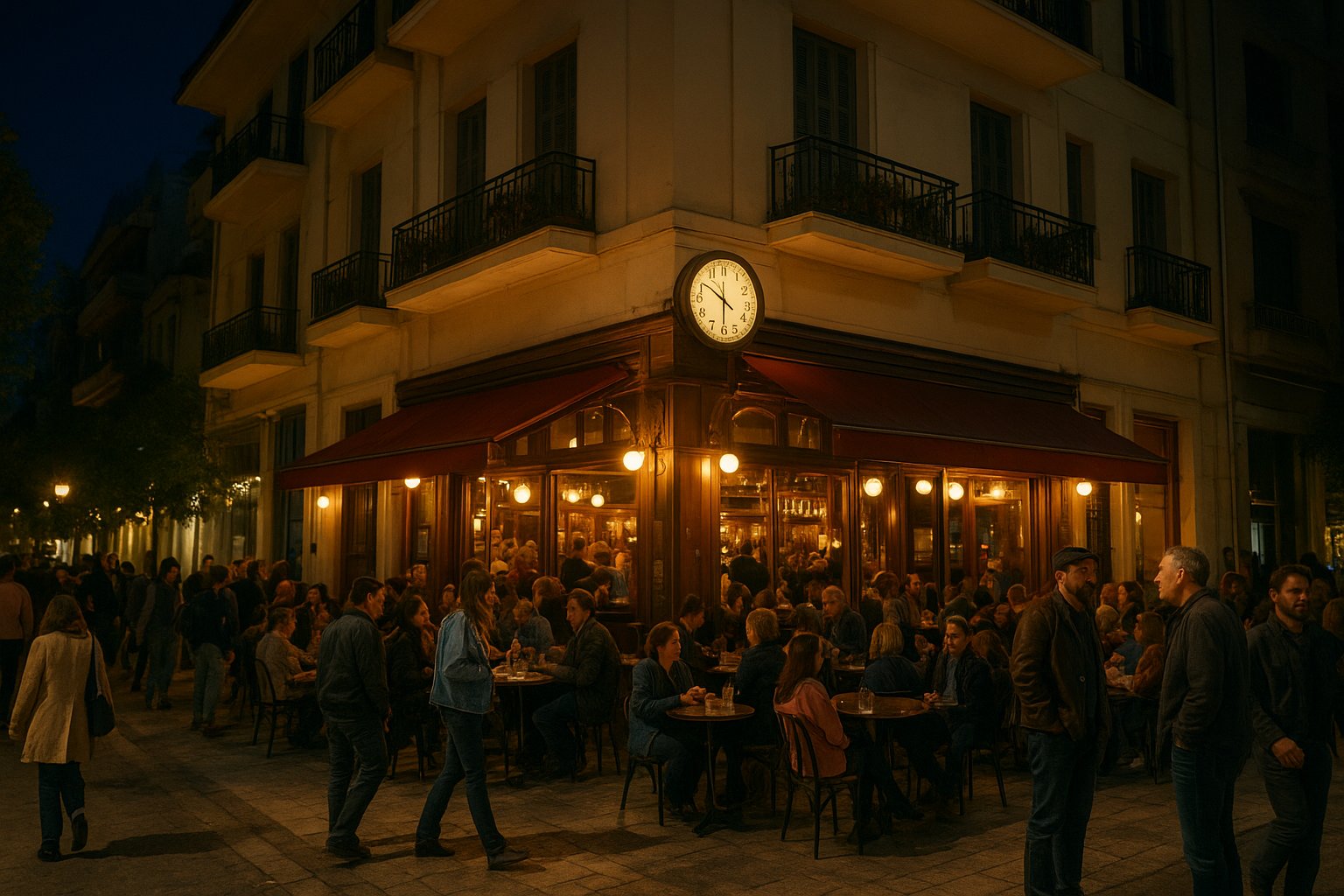 Chelsea Hotel on Plateia Plastira at night, with a pavement crowd spilling onto the square under warm bar lights