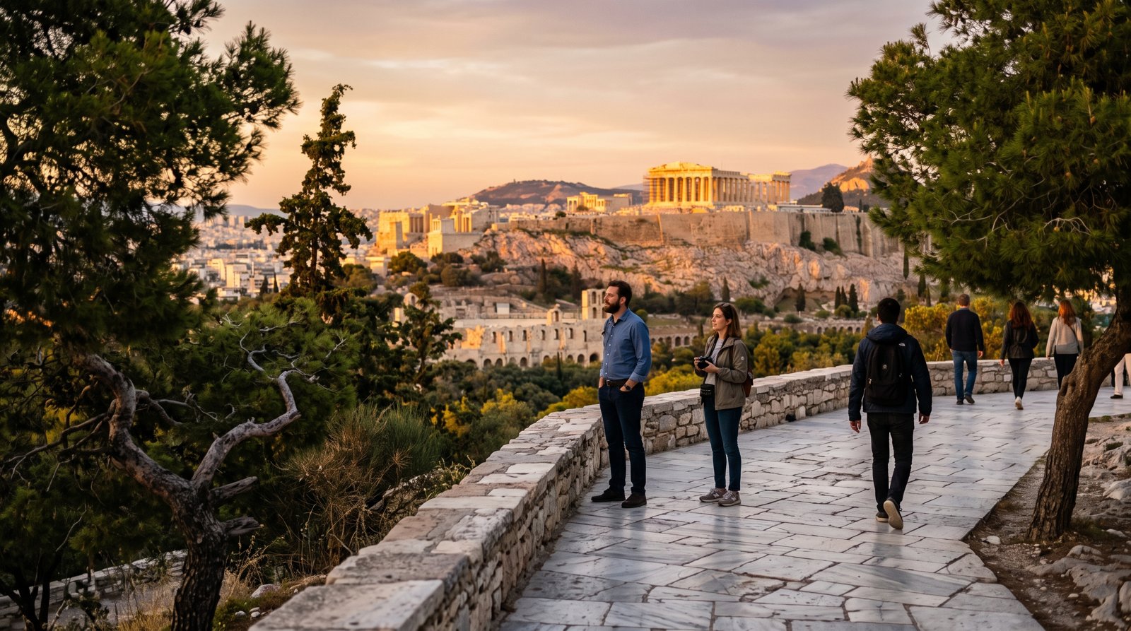 marmorutsiktsterrassen på Filopappou-kullen vid solnedgång, med Akropolis glödande guld i fjärran och tallar som ramar in förgrunden