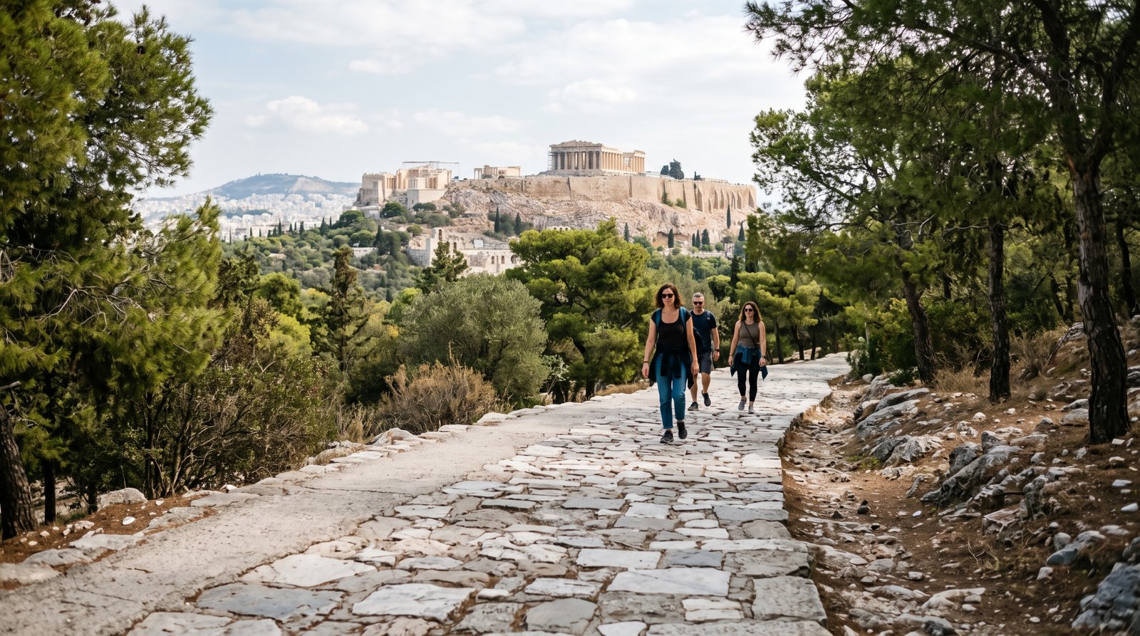 de handlagda Pikionis-stigarna på Filopappou, med oregelbunden sten- och marmorbeläggning som slingrar sig uppför genom tallar mot Akropolis