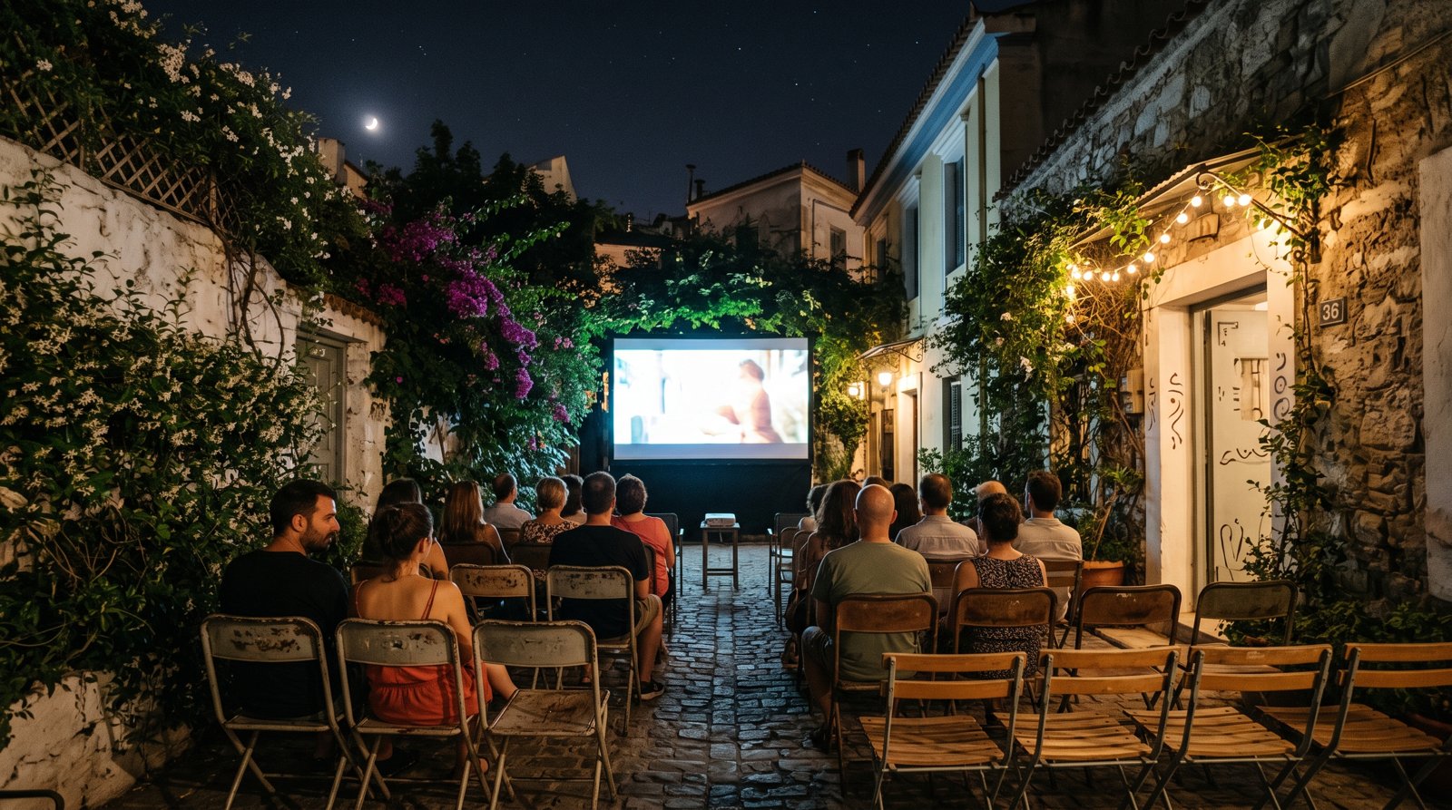 Cine Zefyros på Troon Street på natten, med utomhusduken glödande, rader av sittplatser och sommarväxtlighet under stjärnorna