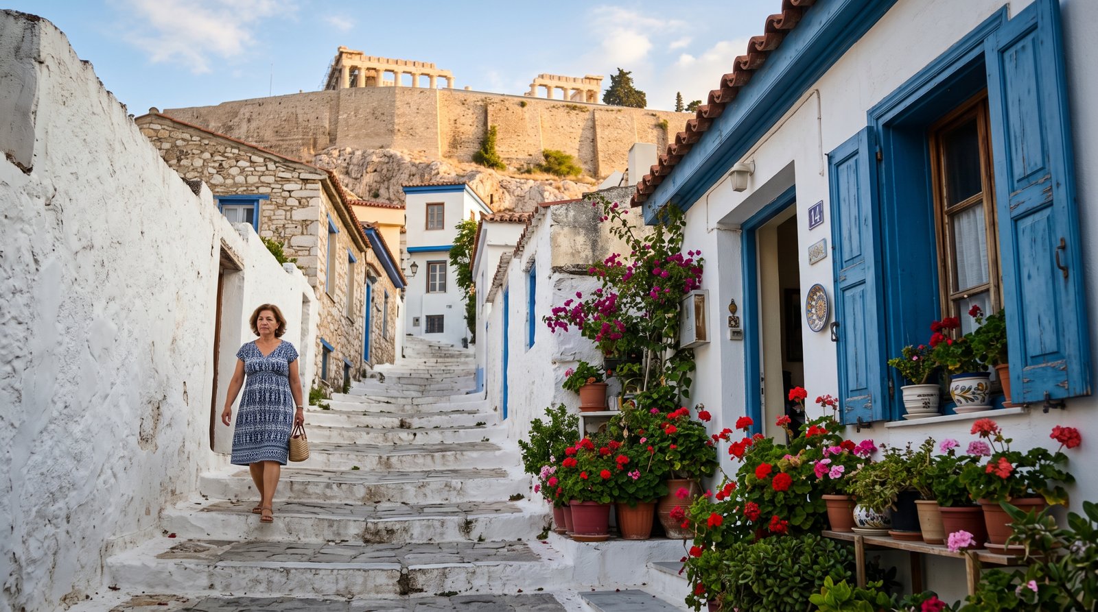 the stepped whitewashed lanes of Anafiotika climbing under the Acropolis rock, blue shutters and geranium pots in late-afternoon light