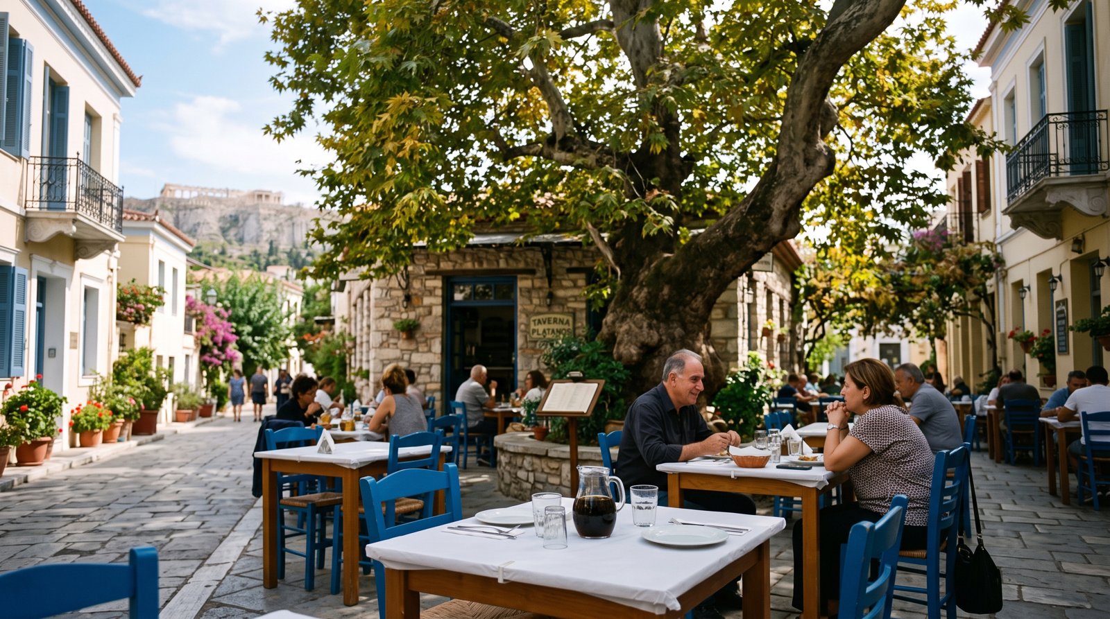 Taverna Platanos in its quiet square under a giant plane tree, simple tables set for lunch and a carafe of house retsina